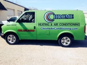 Green work van with decals for heating and air conditioning company