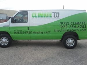 Green and white work van with car wrap vinyl decals for ac company