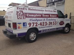White work van with vinyl car wrap decals for home repair company