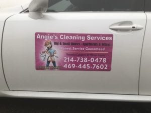 Car magnet for Angie's Cleaning Services on a white vehicle