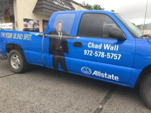 Blue work truck with vinyl wrap for Allstate insurance agency
