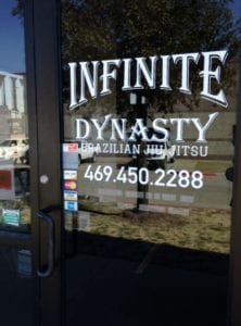 Vinyl window decals for Infinite Dynasty Brazillian Jiu Jitsu business