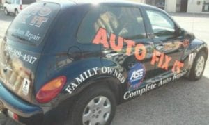 Auto Fix it vehicle with colorful vinyl car wrap decals