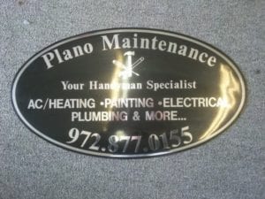 Black vinyl car magnet with silver lettering for Plano Maintenance company