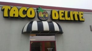 Storefront sign for Taco Delite