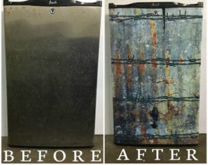 Before and after photo of mini fridge with large rusty barbed wire decal