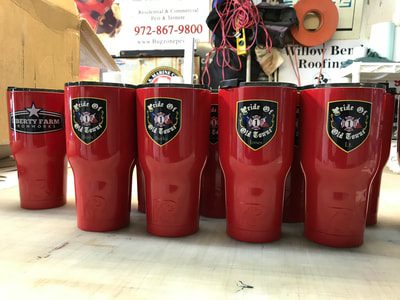 Red Yeti cups with business decals